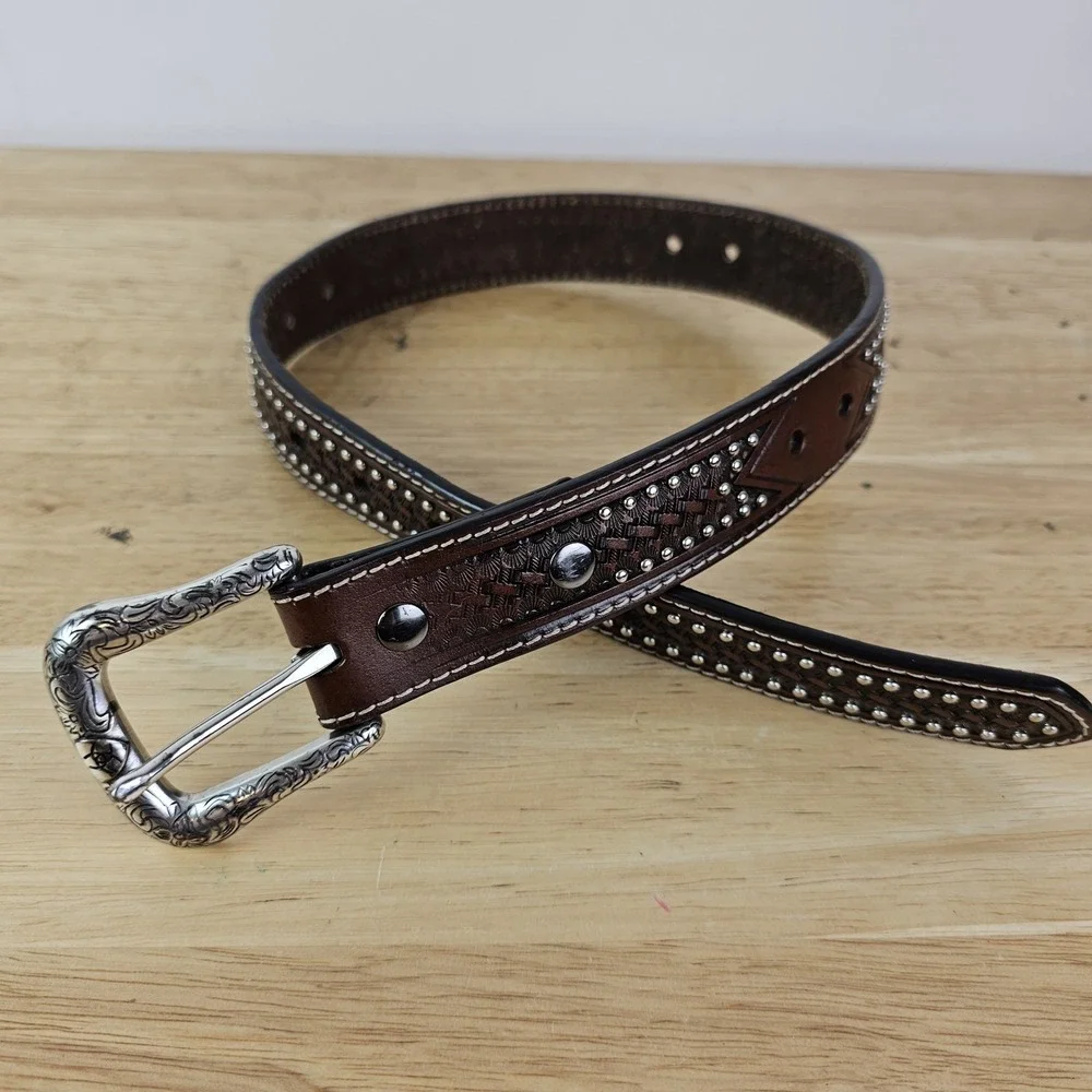 Ariat Kids 22 Belt Brown Leather Studded Silver‎ Buckle Western Cowboy Accessory